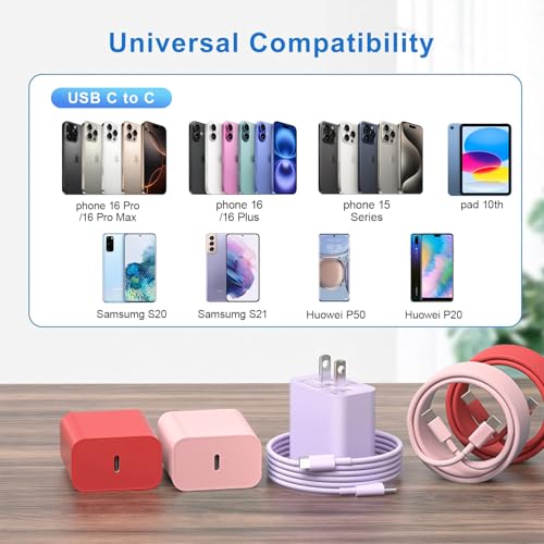 10 ft USB C Fast Charging Cable for i Phone 16 & 15 – 60 W Power Delivery, 3-Pack with Enhanced Compatibility for i Pad Pro, Mac Book Air, Samsung Devices – Vibrant Red, Purple, Pink Options for Stylish Connectivity and Optimal Performance