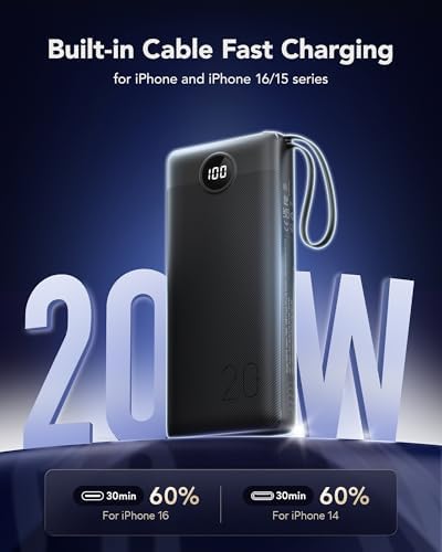 Ultimate 20000 m Ah VRURC Portable Charger with Built-in Cables – Fast Charging Power Bank for Travel, PD & QC 3.0 Compatible, 4 Output Ports & Dual Input, Ideal for i Phone, Samsung, Android Devices – Compact & Durable Battery Pack for On-the-Go Power