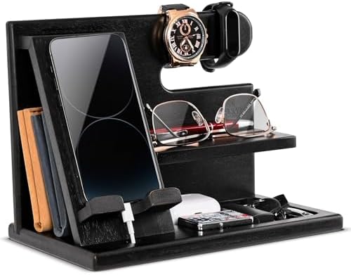 TESLYAR Wood Phone Docking Station for Men – Desktop or Nightstand Organizer – Birthday Gifts for Men, Dad – Anniversary Idea from Wife – Key Holder, Stand Wallet, Watch & Essentials (Antique Brown) – Enhanced Compatibility and Speed