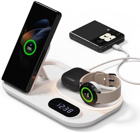 mooas 4-in-1 Fast Wireless Charging Station with LED Clock and Nightlight – Ultimate Multi-Device Charger for i Phone 15/14, Galaxy S24/S23, Apple Watch, and Air Pods – Stylish, Efficient Power Hub with Enhanced Compatibility and Fast Charging Capability