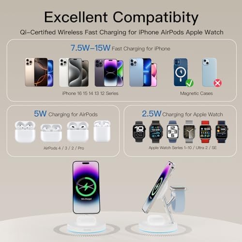 2025 Premium 3-in-1 Wireless Charging Station for i Phone 16, 15, 14, 13, 12 – Mag-Safe Compatible Charger Stand for Air Pods and i Watch – Fast, Efficient Power Hub with Sleek Design and Overcharge Protection for Home or Travel