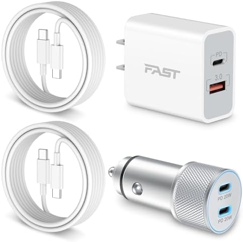 Power Up Your Devices with 20 W USB-C Wall Charger & 40 W Car Adapter for i Phone 16/15 – Complete Charging Kit with 2 Durable 6 FT USB-C Cables | Fast Charging Dual Port Solution for i Phone, i Pad & Galaxy | Enhanced Compatibility for On-the-Go Users