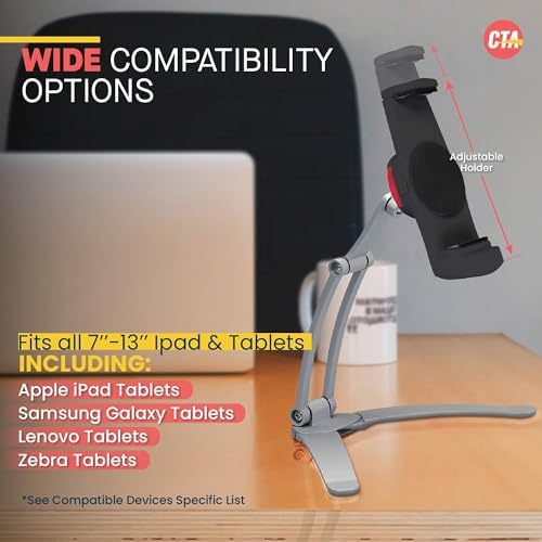 Universal 3-in-1 i Pad Tablet Mount by CTA Digital – Versatile Holder for All i Pad Models (7-13″) – Elegant Silver Design – Wall, Under Cabinet, and Desk Mounting Solutions – Adjustable Viewing Angles for Ultimate Comfort – Perfect for Home, Office, and Travel – Boost Productivity and Entertainment with Effortless Installation and Sturdy Build