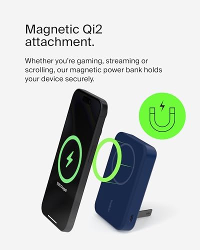 Belkin 5000 m Ah Wireless Power Bank with Qi2 Technology – Mag Safe-Compatible Portable Charger Featuring Built-in Kickstand for i Phone 16, 15, 14, 13, Plus, Pro, Pro Max – Sleek White Design for Seamless Charging on the Go – Optimal Speed & Versatile Compatibility