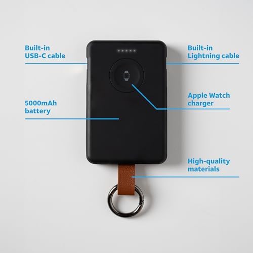 AT&T Essentials Compact 3-in-1 Keychain Power Bank – 5,000 m Ah Fast Charging Solution with USB-C and Lightning Compatibility for Ultimate Travel Convenience – Sleek Black Design for On-the-Go Device Charging