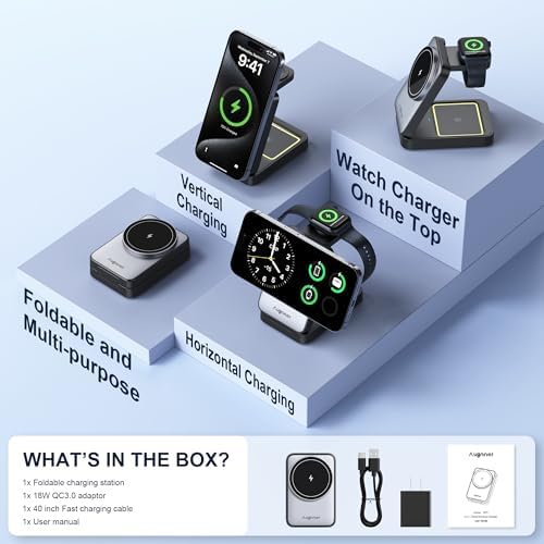 Ultimate 3-in-1 Wireless Charging Station for Apple Devices – Fast 15 W Mag Safe Compatible Charger Stand for i Phone 12/13/14/15/16 Series, Apple Watch & Air Pods – Portable Foldable Design for Efficient Charging at Home or On-the-Go