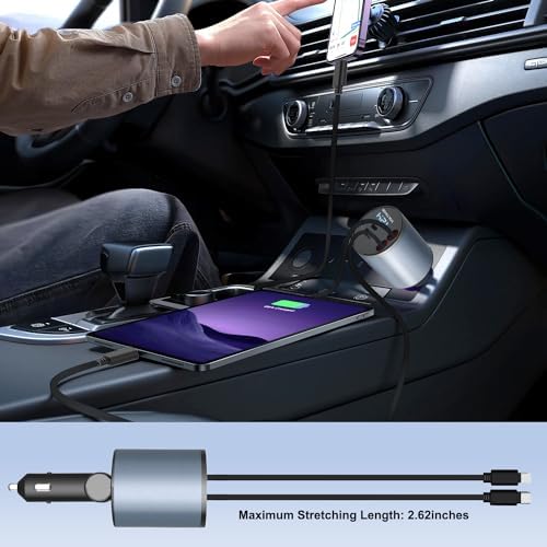Ultimate 5-in-1 Retractable Car Charger – Fast Charging Dual-Socket Adapter with USB-A & USB-C Ports for i Phone 16/15, Galaxy, i Pad, GPS & Dash Cam – Tangle-Free Design for Multi-Device Power on the Go