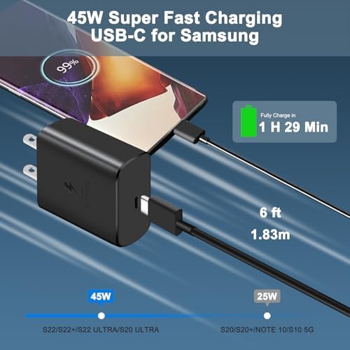 Dual 45 W Type C Charger Bundle for Samsung Galaxy – Super Fast PD3.0 Charging with 2 x 6 ft USB-C Cables for Ultimate Convenience and Versatility – High-Speed Wall Adapter for Android Devices, Perfect for Home and Office Use