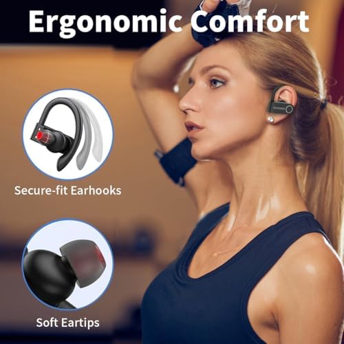 High-Performance Waterproof Bluetooth Earbuds with 82-Hour Battery Life, Ergonomic Earhooks & PU Leather Charging Case – Ideal Wireless Headphones for Gym, Running & Outdoor Activities with Hi-Fi Sound Quality and Built-in Mic for Seamless Connectivity