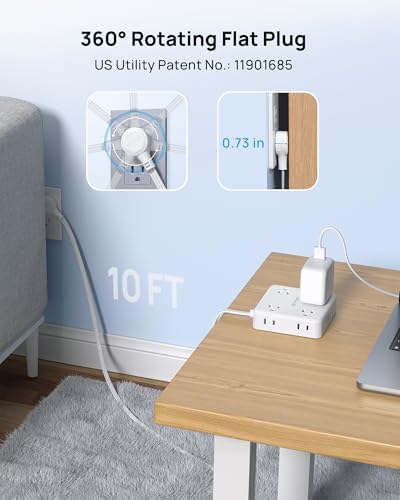 TROND 360° Rotating Plug Power Strip with 5 FT Flat Cord – 4 AC Outlets & 4 USB Ports (2 USB-C) – Wall Mount Surge Protector with 1440 Joules Safety Rating – Ultimate Travel & Home Charging Solution for Electronics and Devices
