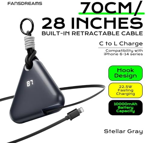 Ultimate Travel Power Bank with Retractable 2.3 ft Cable and Durable Paracord Carabiner – 10000 m Ah Fast Charging Wearable Charger in Stellar Gray, USB-C Compatible for All Devices – Stay Energized on the Go!