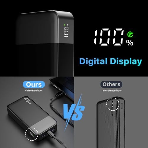 NOBIS 20000 m Ah Ultra-Fast Portable Power Bank with Smart Digital LED Display – 45 W Quick Charge Battery Pack Featuring Dual USB-A & Type-C Ports for Simultaneous Charging of Up to 4 Devices – Perfect for Travel, Outdoor Adventures, and Emergency Situations (Vibrant Orange)