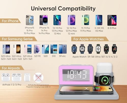 Revolutionize Your Charging Routine with the 7-in-1 Wireless Fast Charging Station – All-in-One Alarm Clock Dock for i Phone, Samsung Galaxy, Apple Watch & Air Pods – Enhanced Speed, Sleek Design, and Safety Features for Ultimate Convenience