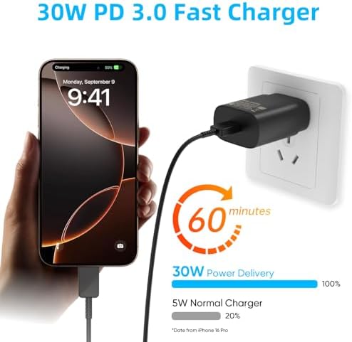 30 W Ultra-Fast USB-C Charger with 6.6 FT Cable for i Phone 16/15 & Galaxy S Series – High-Speed Charging with Safety Features for All Devices – Compact & Portable Power Adapter for On-the-Go Use