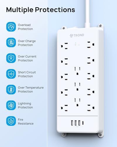 Maximize Your Power Potential with the TROND Heavy-Duty Surge Protector Power Strip: 13 Wide-Spaced Outlets, 32 W Quick Charge USB-C, 4000 Joules Protection, 5 ft Flat Plug Extension Cord, Wall Mountable Design for Seamless Integration in Home and Office Spaces – ETL Listed for Ultimate Safety and Reliability
