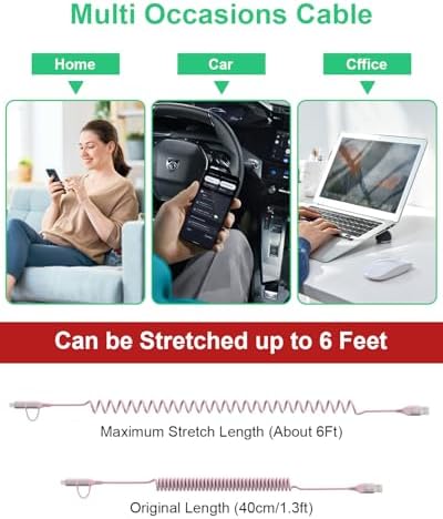 Vibrant Pink Retractable 2-in-1 Charging Cable for Carplay & Android Auto – MFi Certified Lightning and USB-C Fast Charger, 3 A Data Sync Coiled Cord for Ultimate Portability and Style