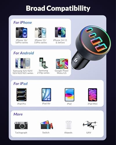High-Power 4-Port USB C Car Charger – 90 W Fast Charging Adapter with Dual USB-C & USB-A Ports for i Phone 11-16, i Pad, Samsung, and Android Devices – Compact Cigarette Lighter Adapter with Enhanced Safety Features and Multi-Device Compatibility for Road Trips and Daily Commutes