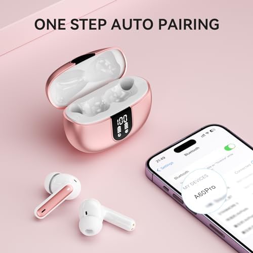 Elevate Your Sound Experience: Stylish Rose Gold Wireless Earbuds with Bluetooth 5.3, 40-Hour Playtime, Deep Bass Stereo, Noise-Canceling Mic, and IP7 Waterproof Durability for i OS & Android Devices – Perfect for Music Lovers and Active Lifestyles