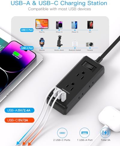 HANYCONY Travel Power Strip with 6 Outlets & 3 USB Ports – 5 ft Flat Plug Extension Cord for Cruise Ships & College Dorms – Space-Saving Wall Mount Design for Ultimate Convenience & Fast Charging Efficiency