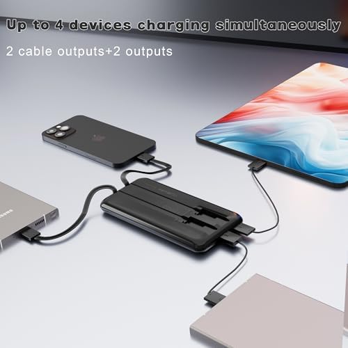 Ultra-Slim 10000 m Ah Power Bank with Integrated Cables – Rapid Charge Portable Charger for i Phone 15/16, Samsung & Android – 4 Device Outputs with Smart LED Display – Lightweight Travel Companion with Advanced Safety Features