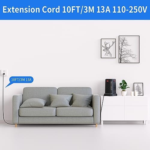 PASSUS Surge Protector Power Strip Tower with 12 AC Outlets and 5 High-Speed USB Ports – 10 FT Extension Cord with Overload Protection and Built-In Night Light for Home Office and Dorm Room – Sleek Black Design for Ultimate Charging Efficiency