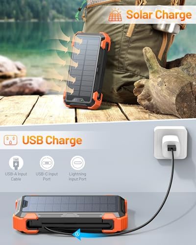 Ultimate GOODaaa Solar Power Bank – 42,800 m Ah High-Capacity Portable Charger with 20 W Fast Charging, Integrated Cables, Wireless Charging for Apple Watch, LED Flashlight, Carabiner & Built-in Thermometer – The Essential Outdoor Power Solution for Adventurers and Travelers