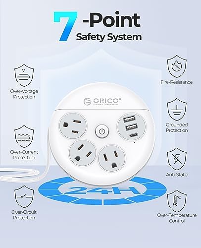 Compact ORICO Travel Power Strip with 3 AC Outlets & 3 Fast USB Ports (1 USB-C) – Space-Saving Flat Plug Extension Cord for Effortless Charging on Cruises, Hotels & Airports – Essential Travel Accessory in Sleek White Design