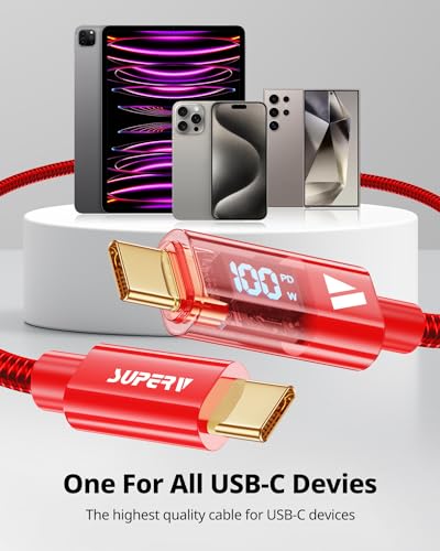 SUPERV 6.6 ft Type C Fast Charging Cable – Premium Nylon Braided USB C Charger with 100 W Power Delivery, High-Speed 480 Mbps Data Transfer, and LED Charging Status Indicator – Ideal for Laptops, Smartphones, and Tablets