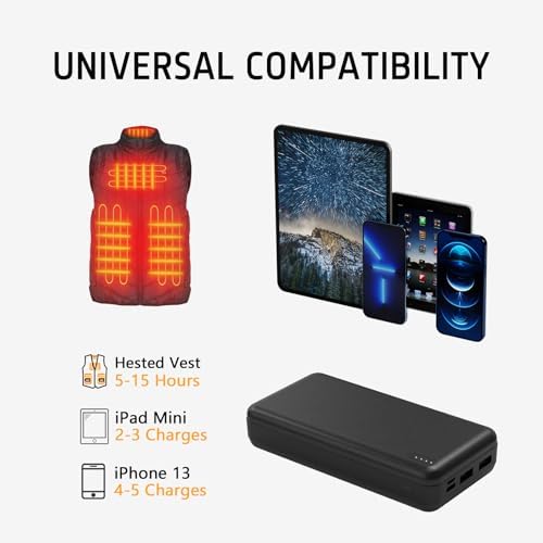 High-Capacity 20000 m Ah 5 V Battery Pack for Heated Vests and Jackets – Reliable Power Bank for Electric Clothing, Lightweight Portable Charger with Quick Charging for Enhanced Warmth and Comfort in Cold Weather, Ideal for Outdoor Activities and Daily Use