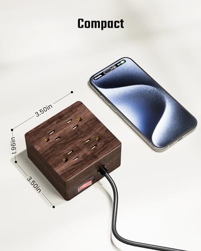 SUPERDANNY Portable USB Power Strip Surge Protector – Premium Desktop Extension Cord with 4 Spacious Outlets & 4 Advanced Smart USB Charging Ports for Home, Office, Hotel, Dorm, and RV Use – Elegant Faux Walnut Finish for Enhanced Aesthetics and Device Safety