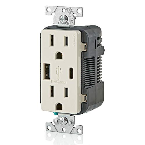 Leviton 60 W Dual USB Type A/Type-C In-Wall Charger – Fast, Efficient Power Delivery Solution for Smartphones, Tablets & Laptops – Tamper-Resistant Outlet in Light Almond for Safe, Clutter-Free Charging Experience – Perfect for Home and Office Use