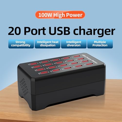 Powerful 100 W 20-Port USB Charging Station – Fast Multi-Device Charger with Universal 5 V Output in Sleek Matte Black for Optimal Efficiency and Safety