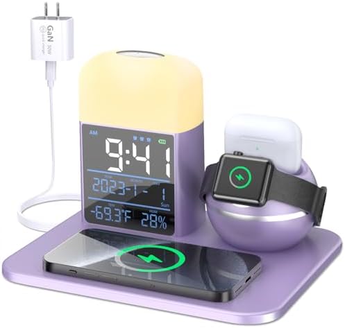 Ultimate 9-in-1 Wireless Charging Station with Integrated Alarm Clock and Night Light – Fast Qi-Certified Docking Solution for Apple Devices with 30 W Ga N Charger and USB Port – Stylish Blue Design for Clutter-Free Bedside Charging