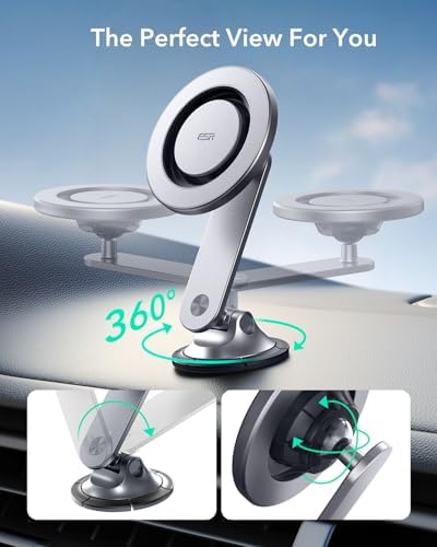 ESR Mag Safe Car Mount – Magnetic Phone Holder for Air Vent & Dashboard, Compatible with i Phone 16/16 e/15/14/13/12, Samsung, and All Smartphones – Includes 2 Metal Rings for Enhanced Stability – Sleek Design for Effortless Driving Experience