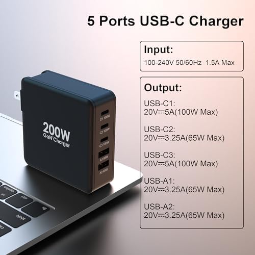200 W Ga N USB-C Fast Charging Station with 5 Ports – PD100 W Compact Power Hub for i Phone 16/15, Mac Book Pro/Air, Galaxy S24/S23 – Advanced Safety Features & Wide Device Compatibility for Home, Travel, and Office Use