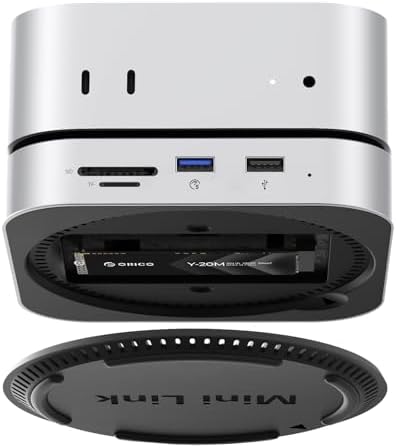 Unleash the Full Potential of Your Mac Mini with the ORICO Mini Link M4 Hub: High-Speed 5 Gbps USB 3.0 Connectivity, Versatile SATA SSD Enclosure, Dual Card Readers for Effortless File Management, and Dedicated Audio Jacks for Enhanced Multimedia Experience