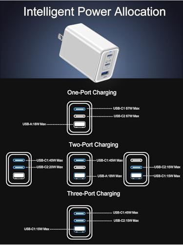 67 W Ga N USB-C Fast Charger Block – 3-Port Portable Wall Charger for Mac Book Pro, i Phone 16, Galaxy S24 & More – Compact, Foldable Design with Included Data Cable for Ultimate Compatibility & Speed