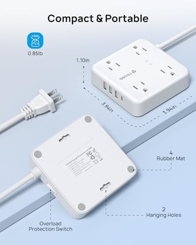 TROND 2-Prong Surge Protector Power Strip with 5 ft Extension Cord, 1440 Joules Safety Shield, Multiple AC Outlets & USB Charging Ports – Compact Wall-Mount Adapter for Streamlined Power Access and Enhanced Device Protection