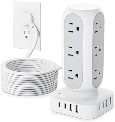 Revolutionize Your Charging Setup with the Flat Plug Power Strip Tower – 10 FT Extension Cord, 40 W Fast Charging Station Featuring 12 AC Outlets and 8 USB Ports (4 USB-C) for Ultimate Device Connectivity and Safety in Home, Office, or Dorm Room