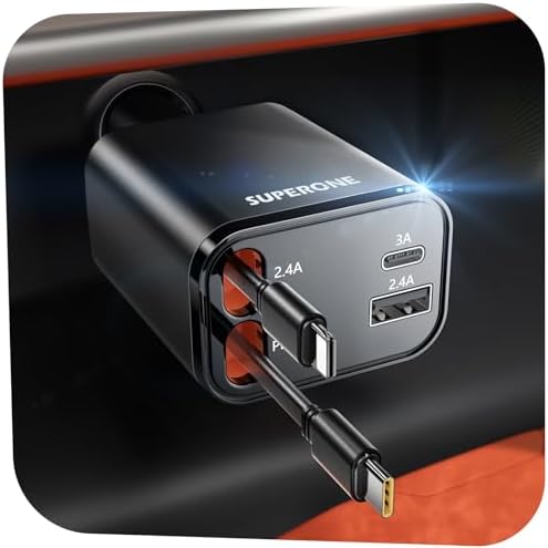 2025 SUPERONE 69 W Retractable Car Charger – Fast Charging Dual-Port Accessory for i Phone 16/15/14/13/12 & Samsung Devices, Tangle-Free Design, Ideal Gift for Men & Women, Essential Car Travel Companion