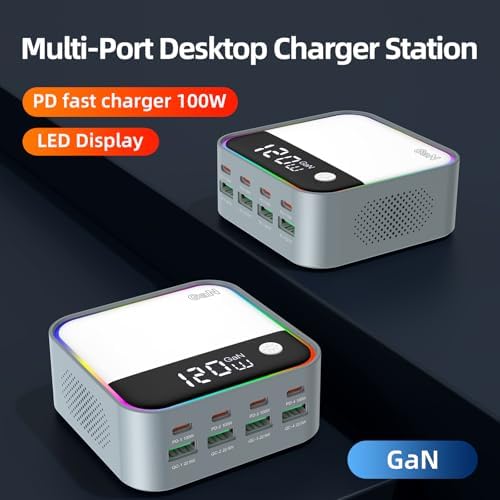 Ultimate 120 W Ga N USB-C Multi-Port Charging Hub with LED Display & Vibrant Gradient Light – Fast and Efficient Charging Station for i Phone, Samsung Galaxy, i Pad, Laptops & More – Ideal for On-the-Go Power Needs