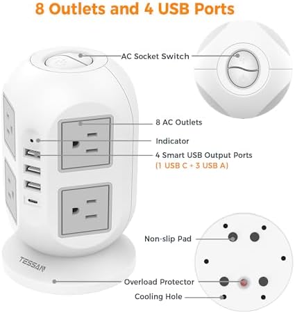 TESSAN Tower Surge Protector Power Strip – 10 ft Flat Extension Cord with 8 AC Outlets & 4 USB Ports (1 USB-C) – Compact Charging Station with Advanced Surge Protection for Home Office & Dorm Use – Optimal Device Safety & Versatile Compatibility