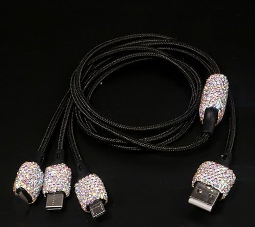 Chic Rhinestone Dual USB Car Charger & 3-in-1 Braided Charging Cable Set – Stylish Bling Accessories for Fast Charging & Enhanced Compatibility – Perfect for Women’s Vehicles in Silver