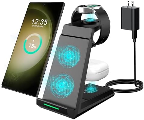ADADPU 3-in-1 Wireless Charging Station for Samsung Devices – Fast Charging Dock for Galaxy S25, S24, S23, S22, S21, Galaxy Watch Series 7/6/5/4/3/Pro & Galaxy Buds – Includes 5 ft Cable & Adapter for Enhanced Efficiency and Connectivity