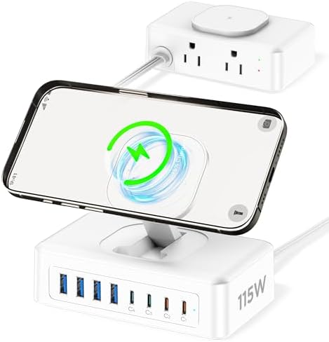 11-in-1 USB C Power Strip Charging Hub by ACOZVIN – 115 W Multi-Device Fast Charger with 2 AC Outlets, 4 USB-A & 4 USB-C Ports, 5 FT Flat Plug Cord for Mac Book, i Phone 16/15/14 – Ideal Desktop Solution for Home & Office Power Needs
