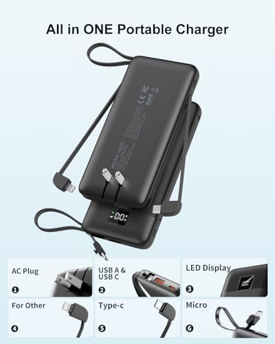Revolutionize Your Charging Experience with ANOUV 10,000 m Ah Portable Power Bank – Built-in Cables & AC Plug for Fast, On-the-Go USB-C Charging, Compatible with i Phones and All Smart Devices – LED Display for Real-Time Battery Monitoring – The Ultimate Travel Essential for Efficiency and Convenience