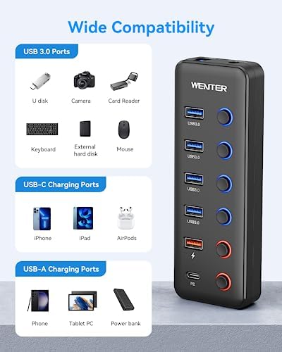 Maximize Your Connectivity with the Wenter 5-Port USB 3.0 Hub – Fast Data Transfer and Type-C Charging Hub for Mac & PC, Featuring Individual LED Switches for Power Management and Enhanced Performance