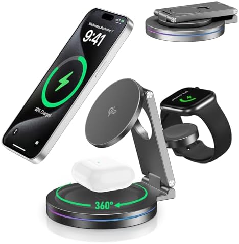 Elevate Your Charging Experience: 2025 Advanced Qi2 Foldable Rotatable 3-in-1 Magnetic Wireless Charger for Apple i Phone 12-16, i Watch, Air Pods, Samsung Devices – Premium Zinc Alloy Design with 30 W Fast Adapter Included – Ultimate Compatibility & Space-Saving Convenience