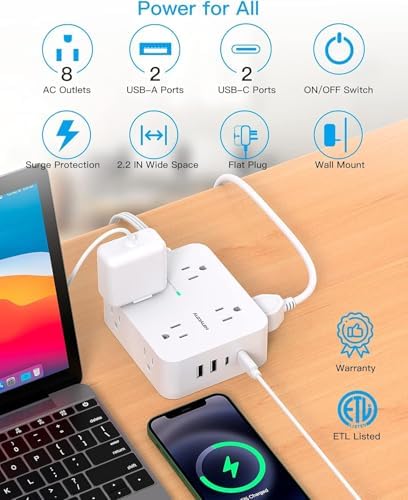 HANYCONY 15 Ft Extension Cord Power Strip with 8 AC Outlets & 4 USB Ports (2 USB-C) – 1080 J Surge Protector for Enhanced Safety, Wall Mountable Desk Charging Station for Home Office & College Dorm Essentials