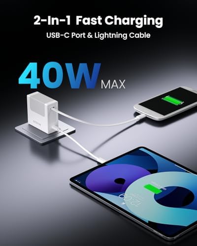 Revolutionary 40 W Fast Charging Portable USB Phone Charger Block with Retractable 31.5-inch Lightning Cable – Compact Wall Adapter with USB-C Port and Foldable Plug for i Phone 14/13/12, Perfect for Travel and Everyday Use